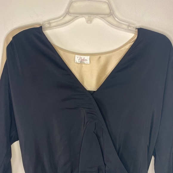 Parker Women's Black and Cream Silk V Neck Mini Dress Size Medium Classic Dressy - Picture 7 of 16
